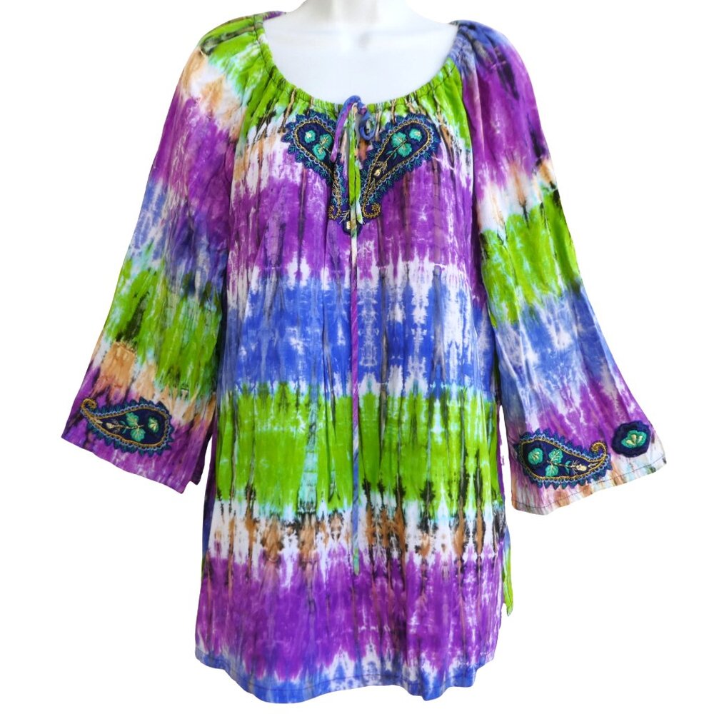 Faith Purple Lime Green Embroidered Tie Dye Long Sleeve Hippie Blouse Boho M